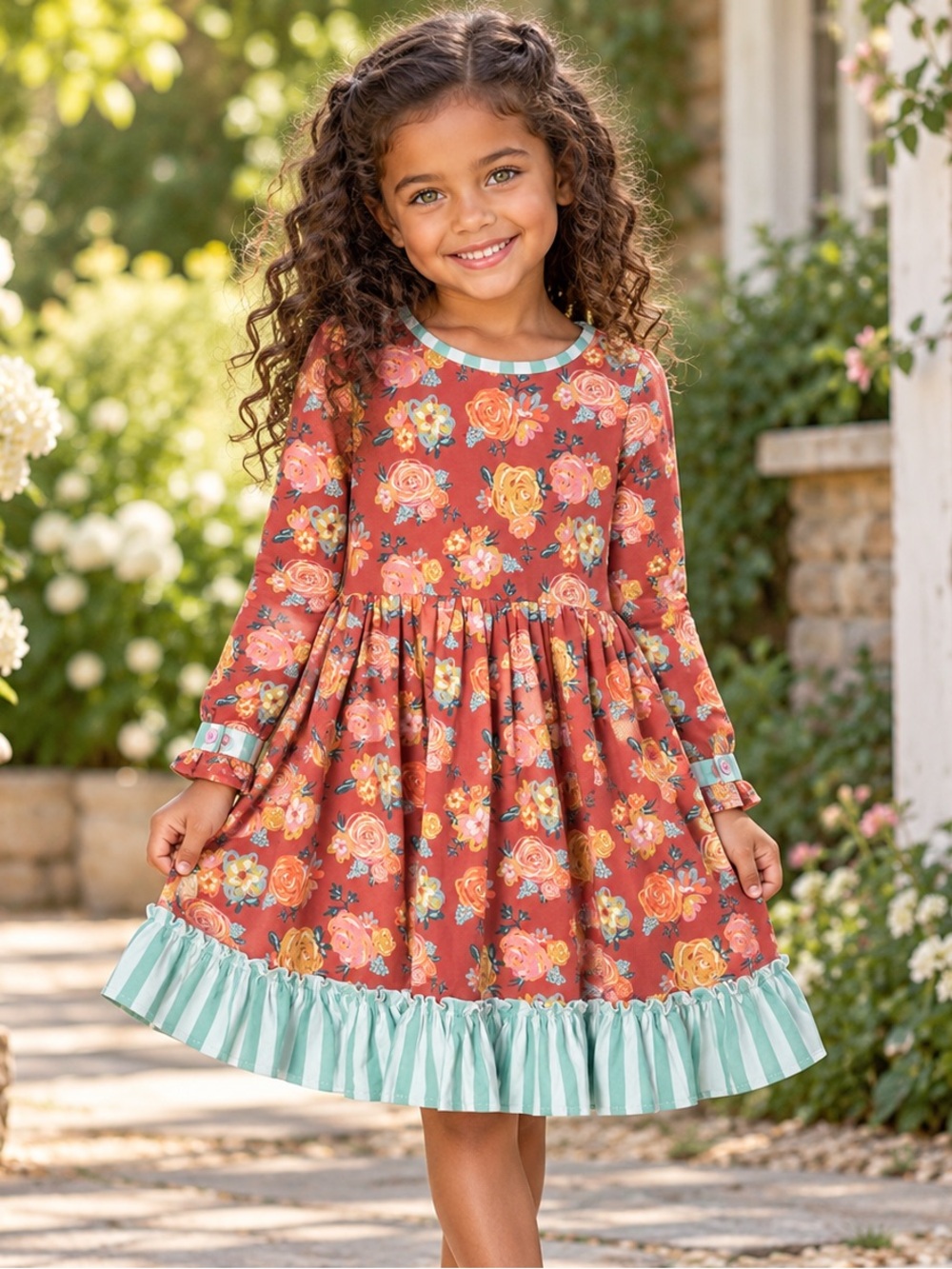 Matilda Jane Girls Size 8 Floral Long-Sleeve Ruffle Dress Cotton Blend